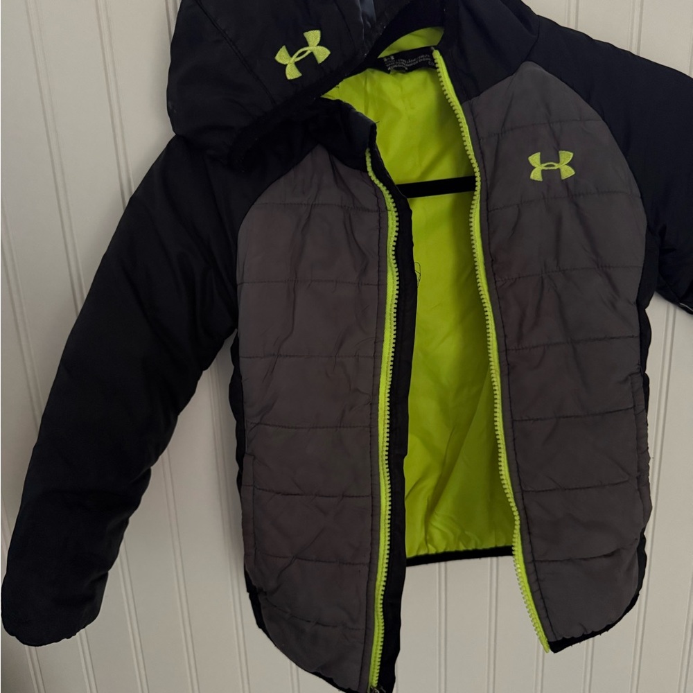 Under Armour Kids Black and Gray Puffer Jacket with Neon Accents